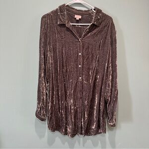 J Jill Velvet Metallic Green Grey Tunic Button Down Long Sleeves